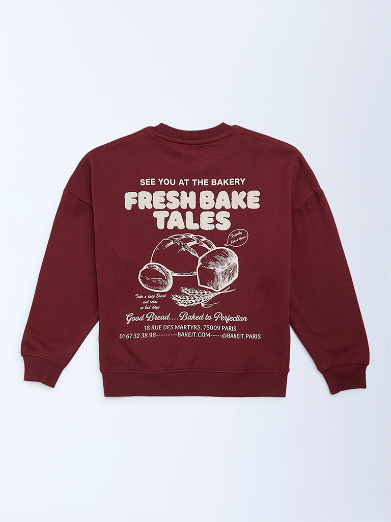 Girls Burgundy Printed Cotton-Blend Sweatshirt