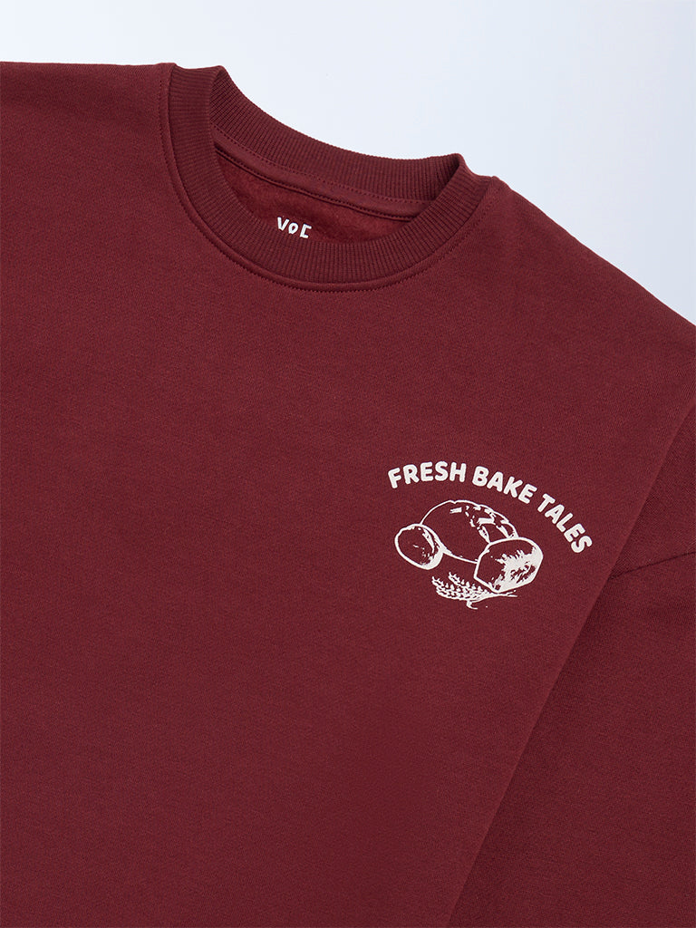 Girls Burgundy Printed Cotton-Blend Sweatshirt