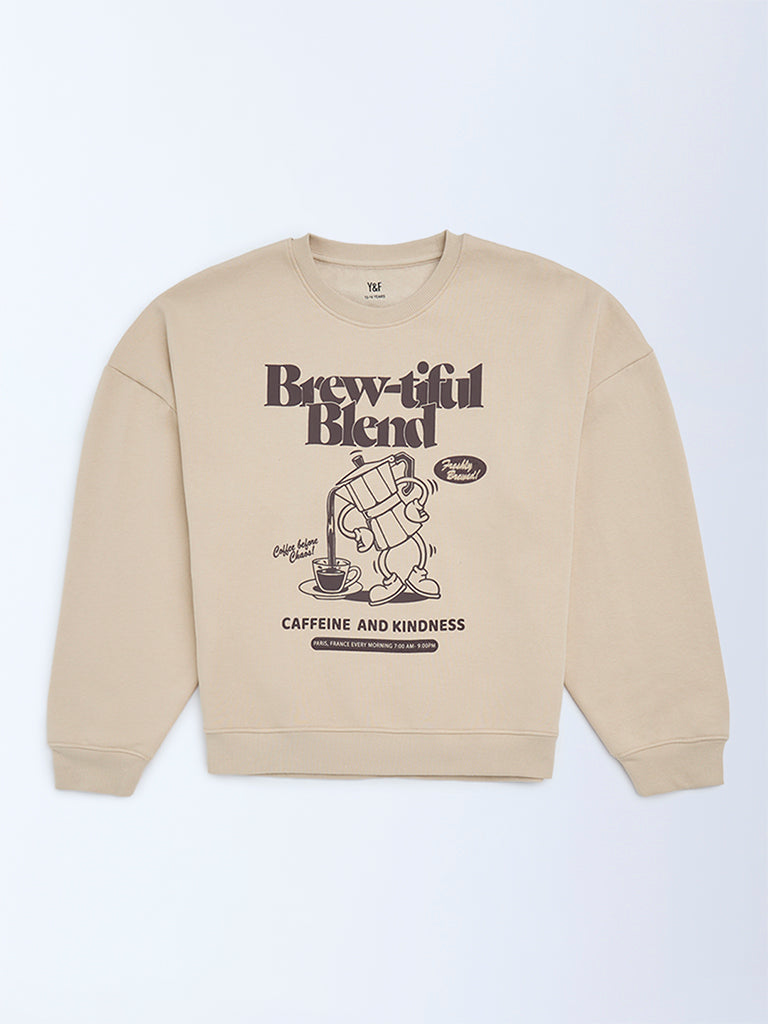 Girls Beige Printed Sweatshirt