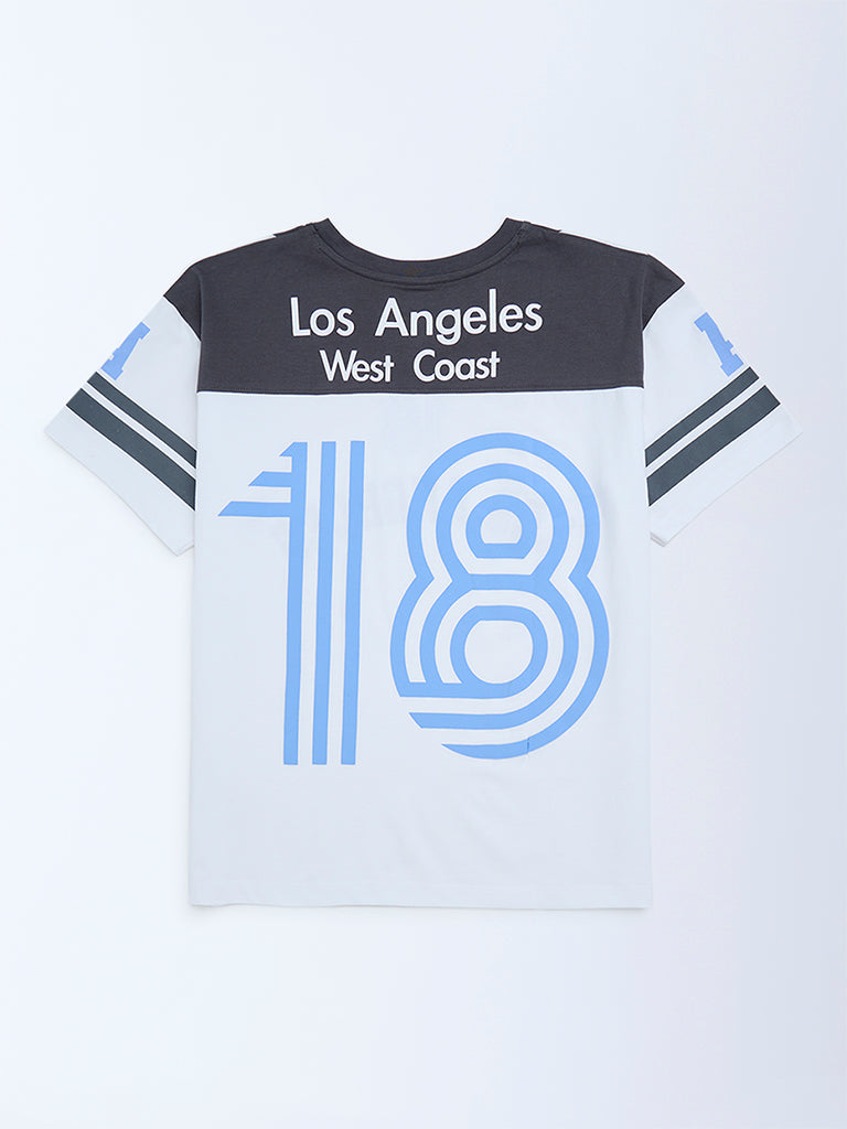 Girls White Colour-Blocked Cotton T-Shirt