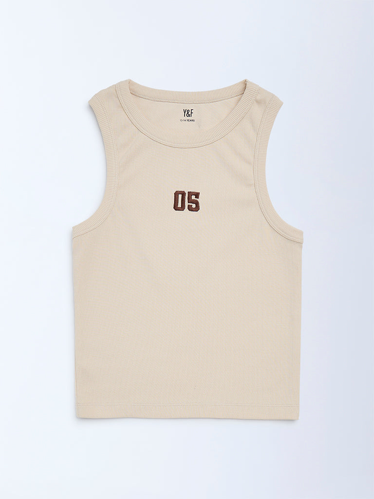 Y&F Kids Girls Beige Ribbed-Textured Cotton-Blend Tank Top