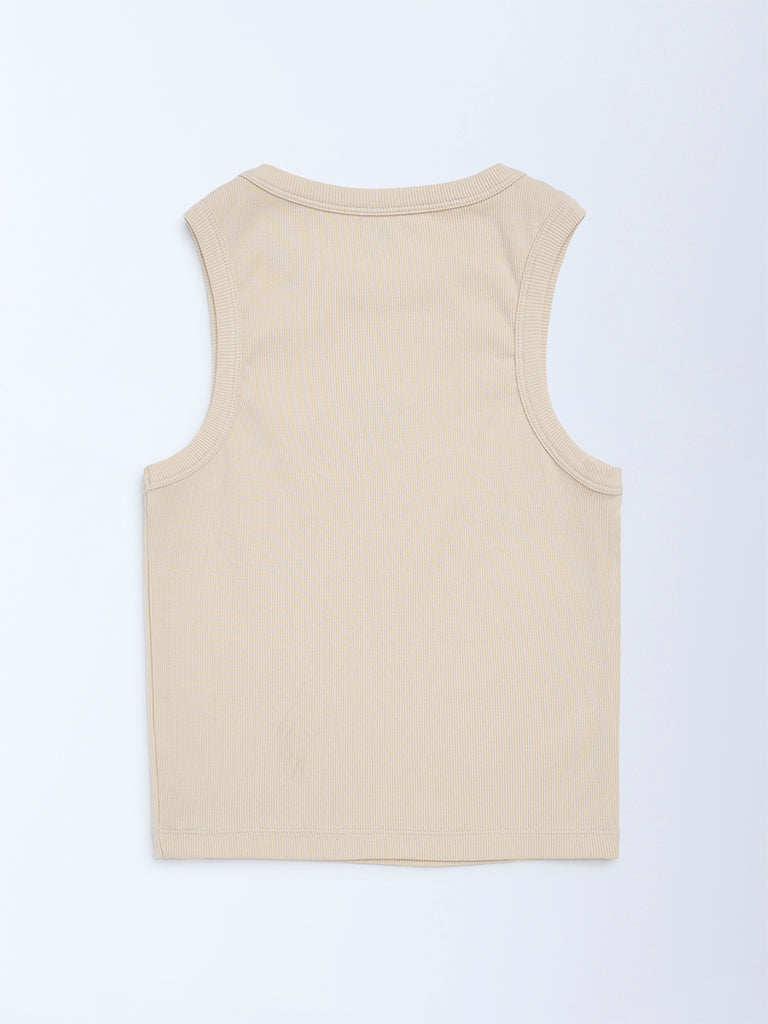 Y&F Kids Girls Beige Ribbed-Textured Cotton-Blend Tank Top