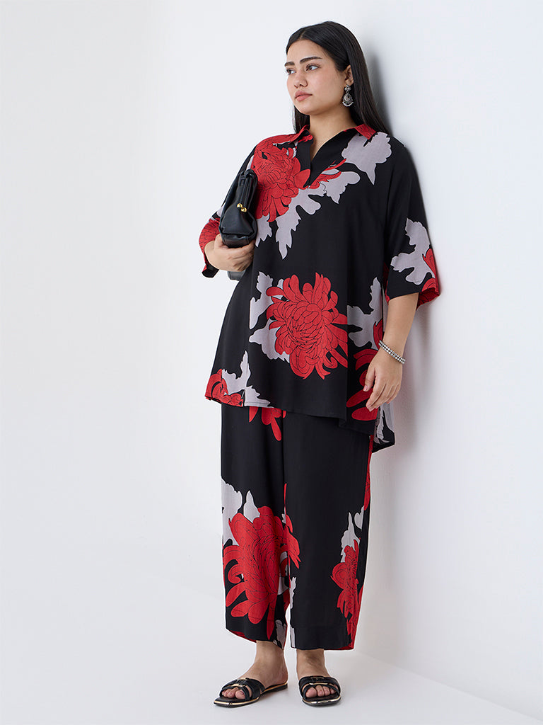 Diza Black Foliage Design Ethnic Pants