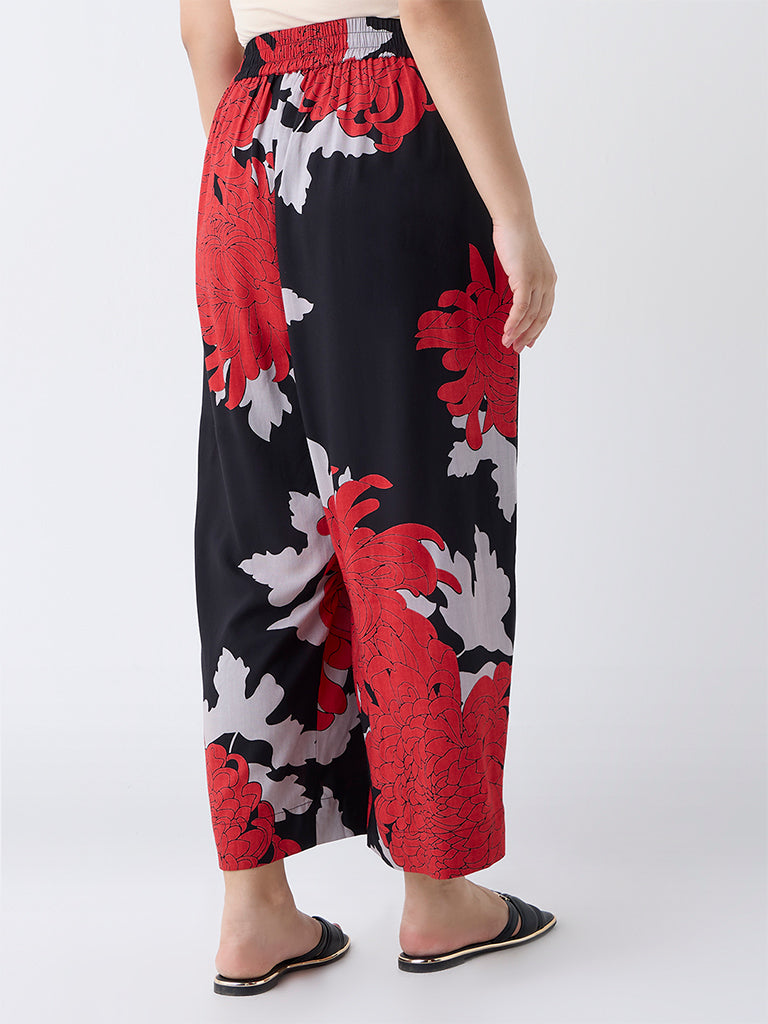 Diza Black Foliage Design Ethnic Pants