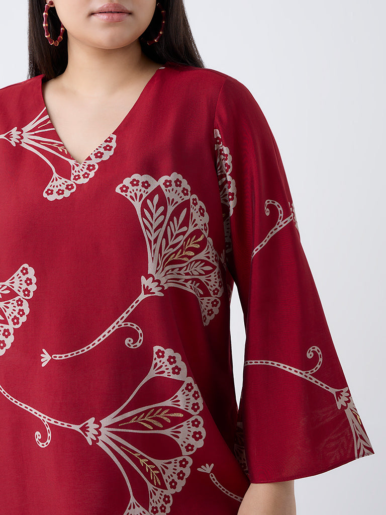 Diza Red Floral Pattern A-Line Kurta