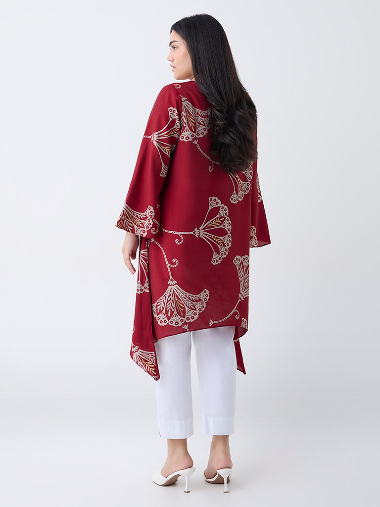 Diza Red Floral Pattern A-Line Kurta