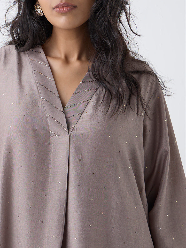 Diza Taupe Embellished A-Line Kurta