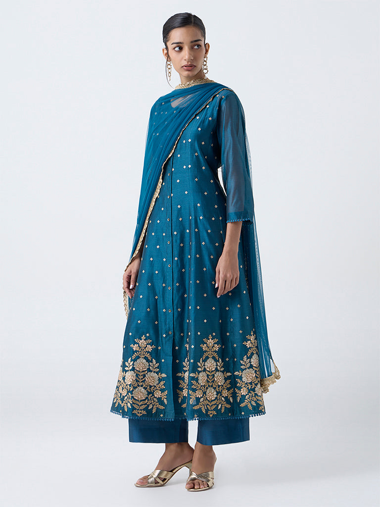 Vark Teal Embroidered Cotton-Blend Anarkali Ethnic Set