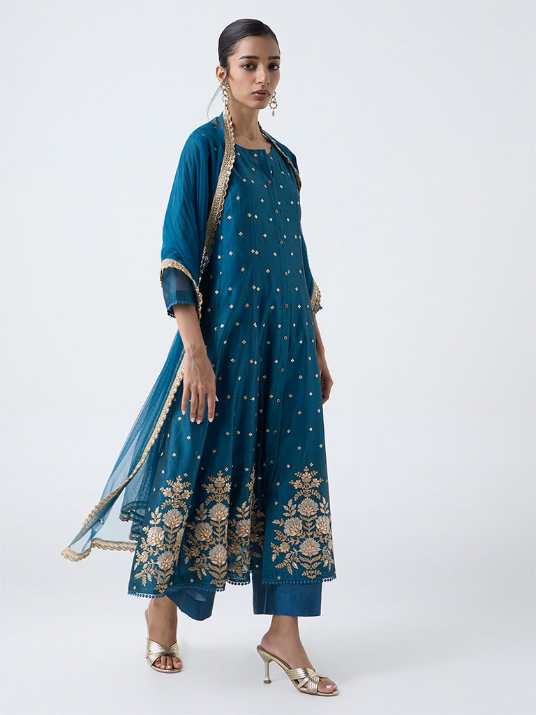 Vark Teal Embroidered Cotton-Blend Anarkali Ethnic Set