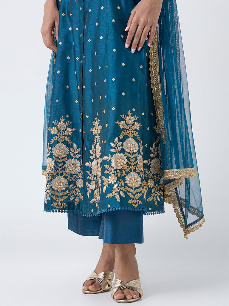 Vark Teal Embroidered Cotton-Blend Anarkali Ethnic Set