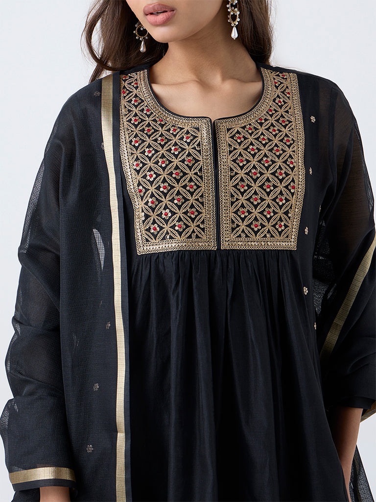 Vark Black Embroidered Anarkali Cotton-Blend Ethnic Set