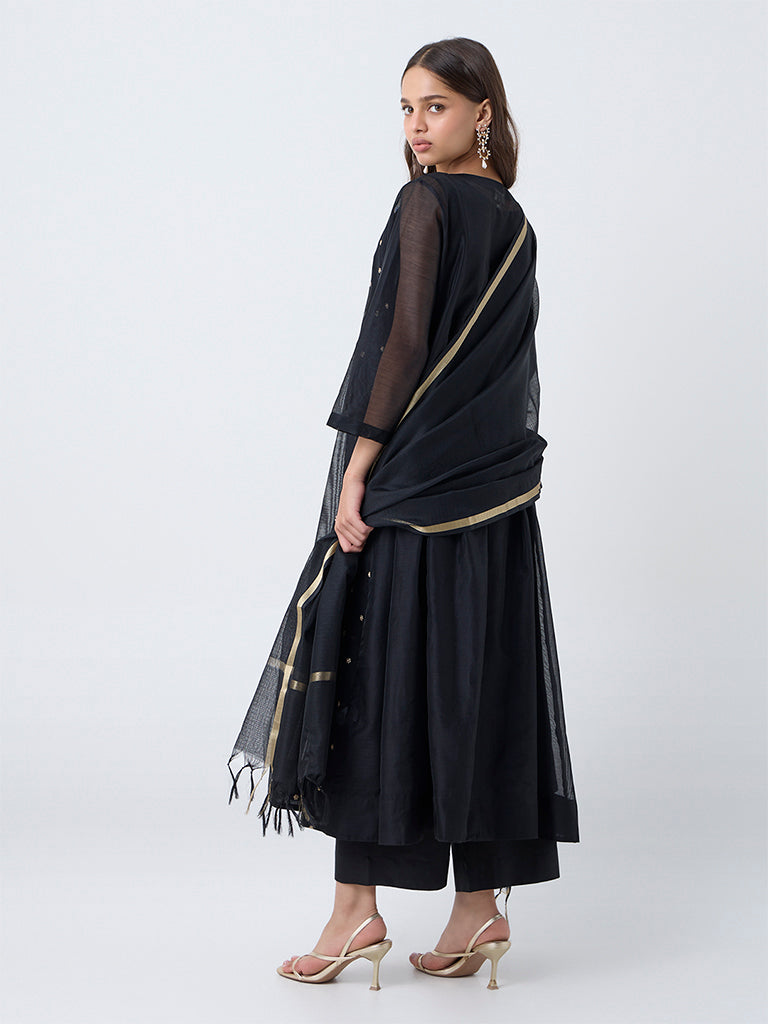 Vark Black Embroidered Anarkali Cotton-Blend Ethnic Set