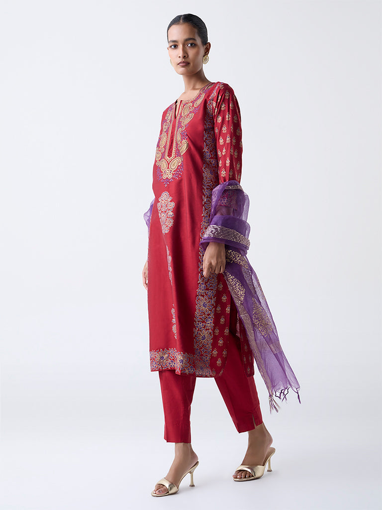 Vark Red Floral Embroidered Straight Ethnic Set