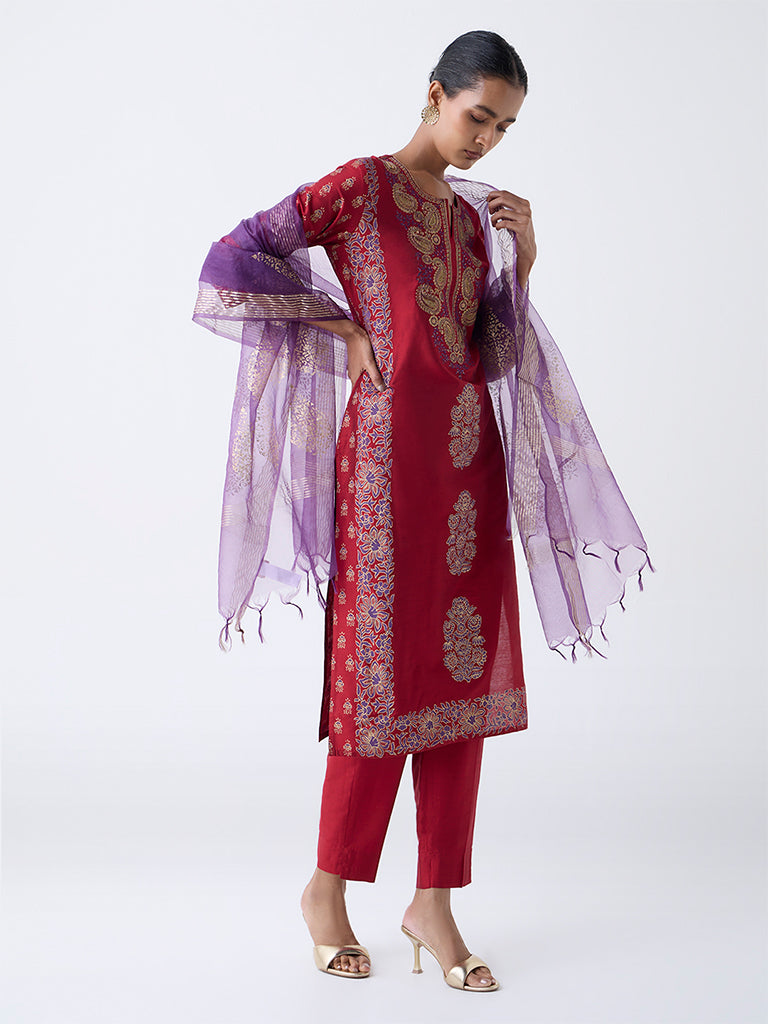Vark Red Floral Embroidered Straight Ethnic Set