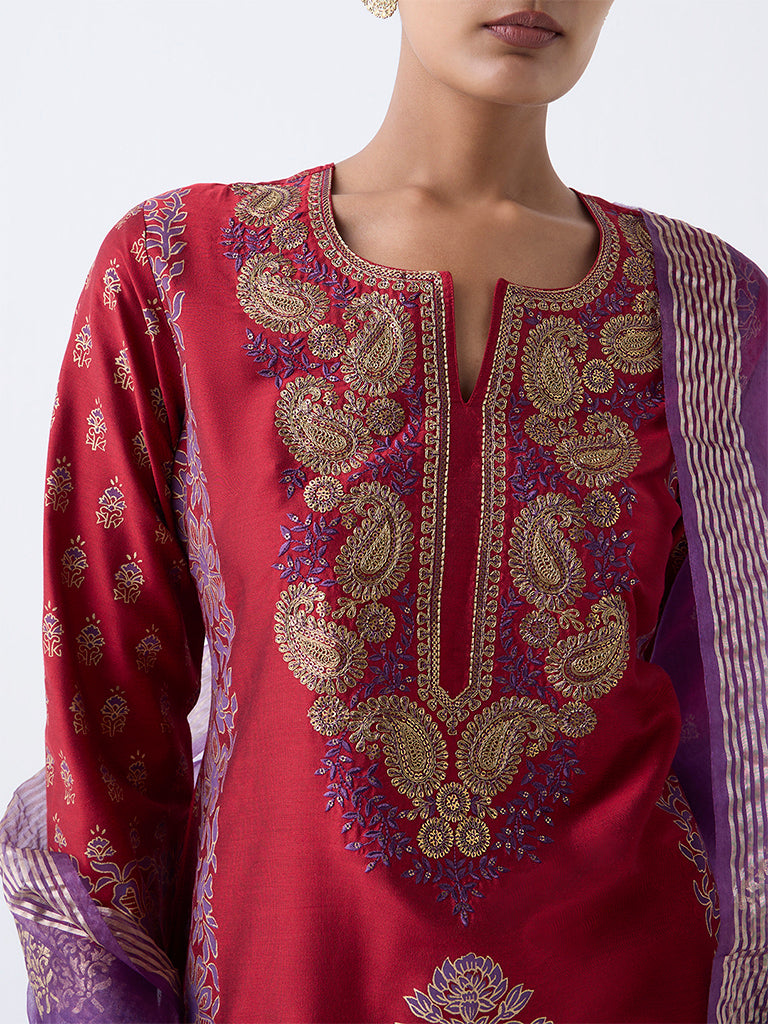 Vark Red Floral Embroidered Straight Ethnic Set