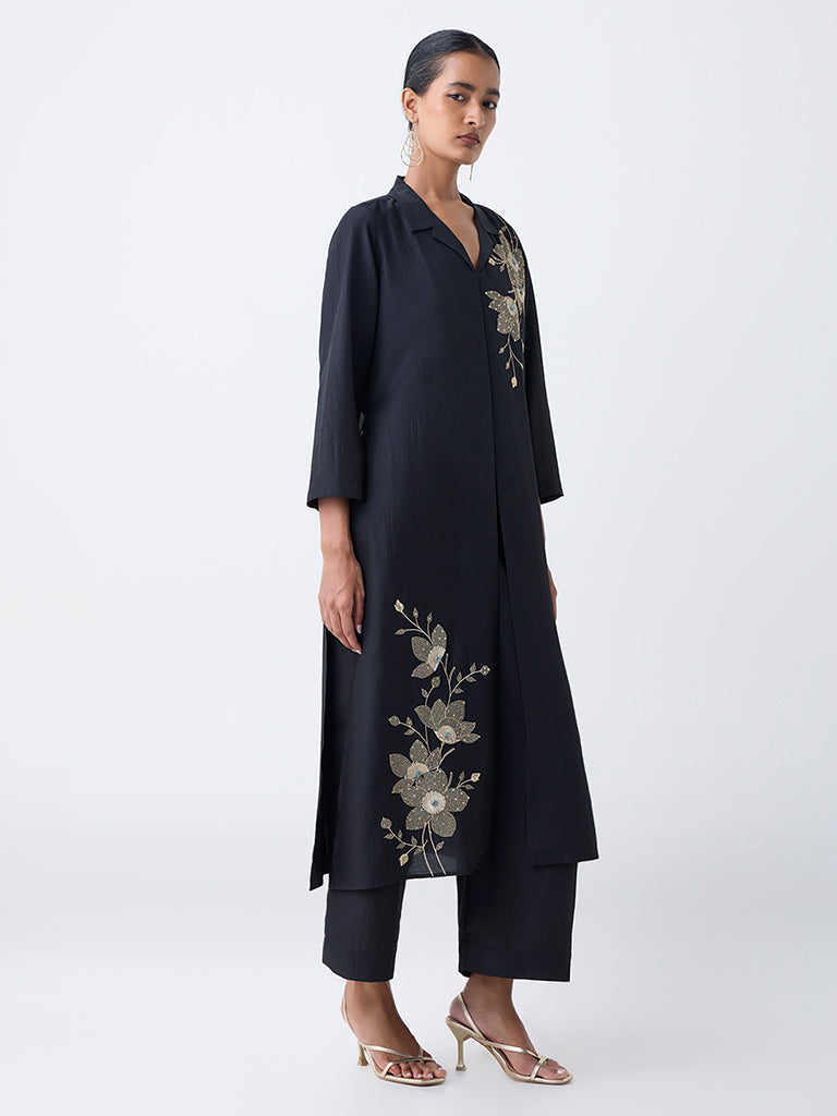 Vark Black Floral Embellished A-Line Ethnic Set