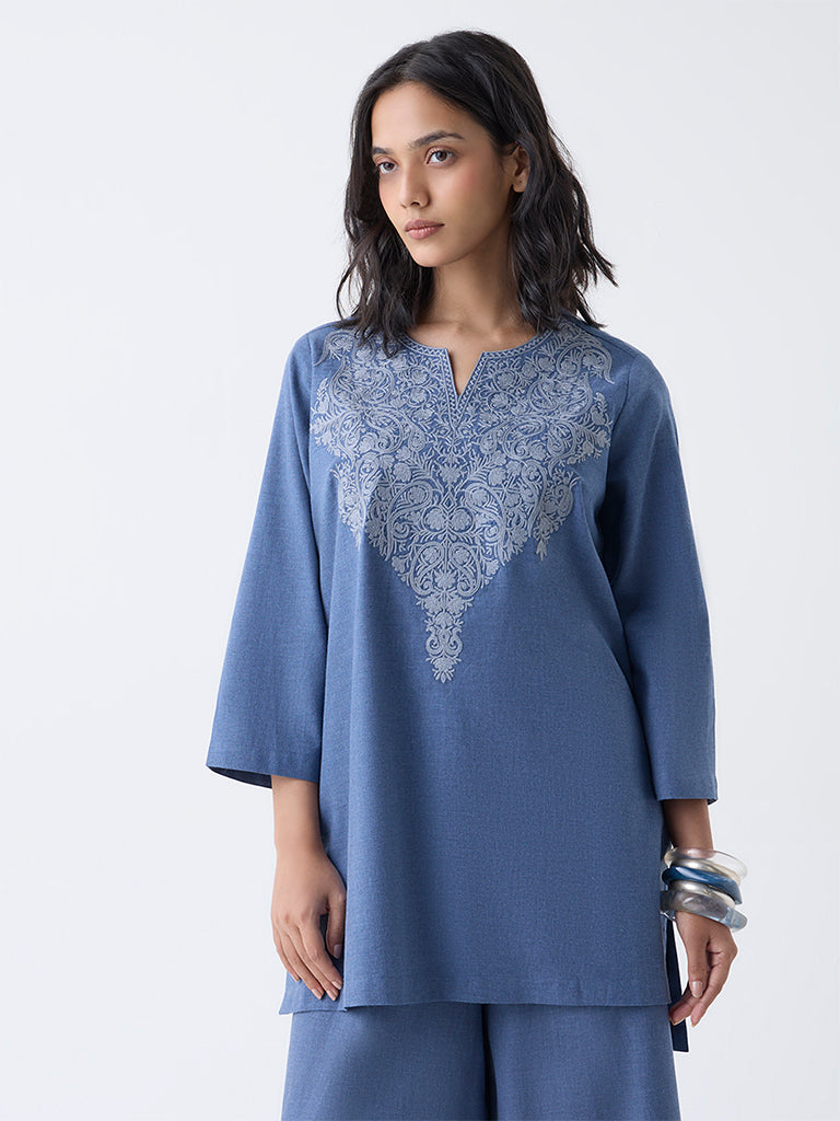 Utsa Dusty Blue Paisley Embroidered Cotton Tunic