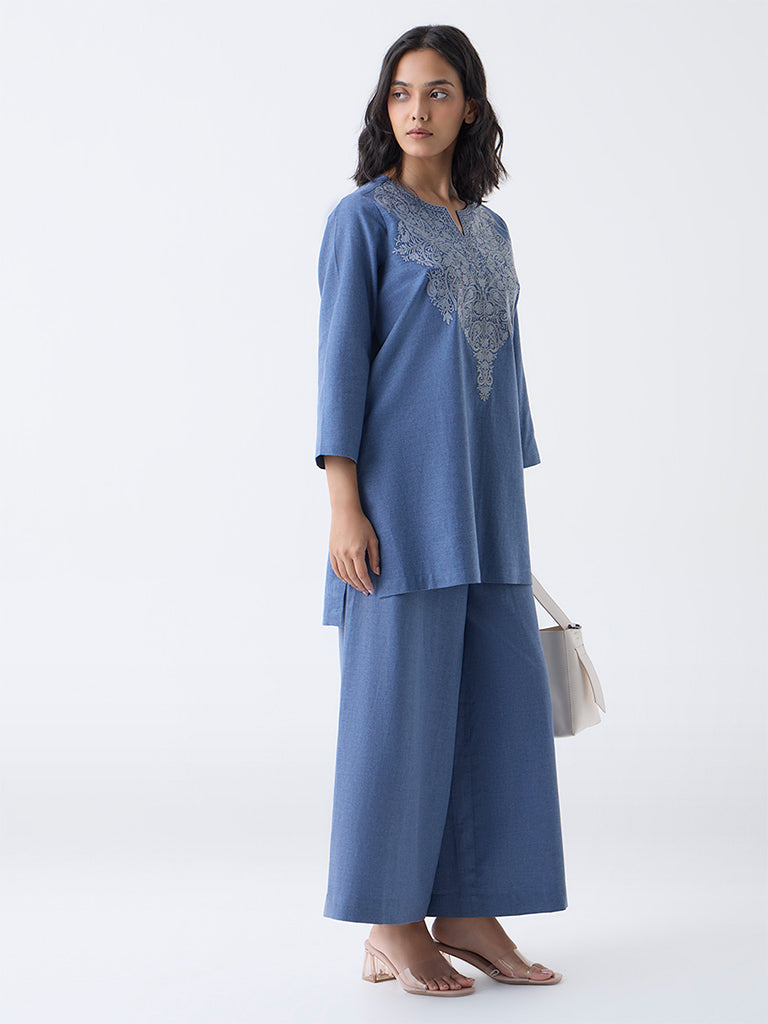 Utsa Dusty Blue Paisley Embroidered Cotton Tunic