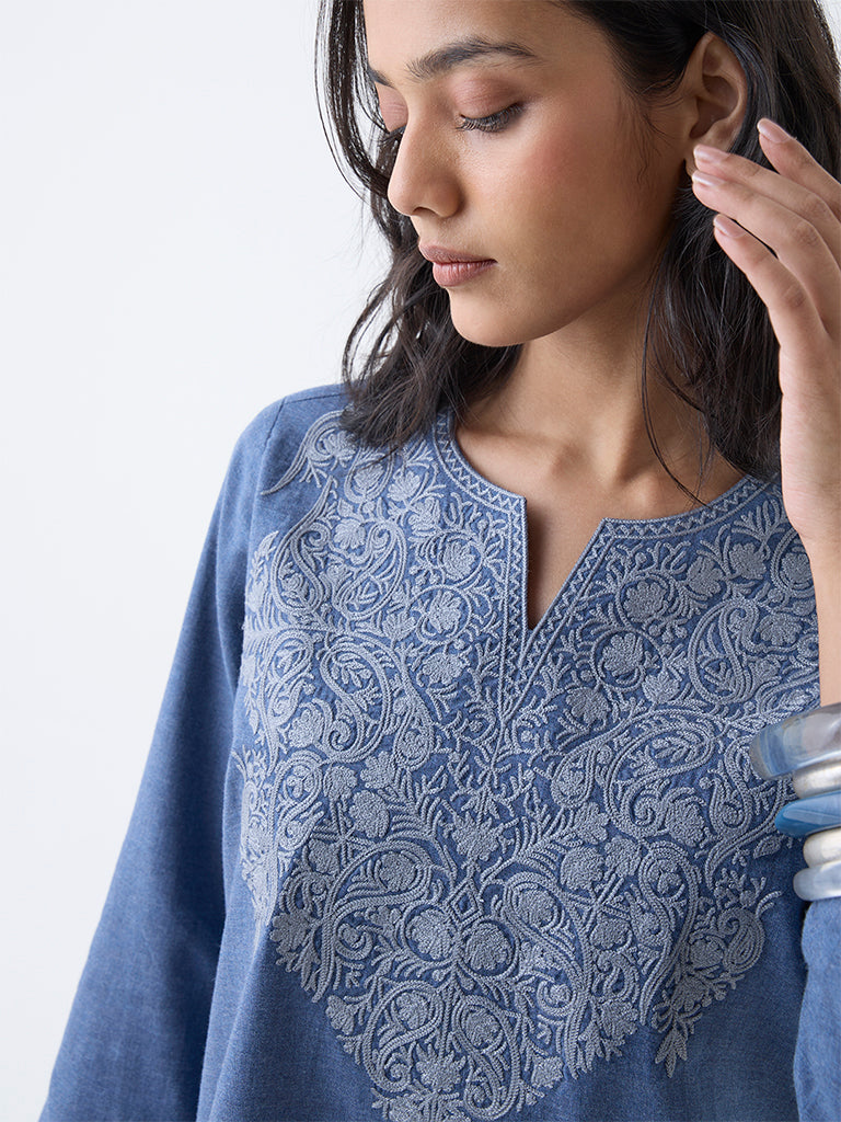 Utsa Dusty Blue Paisley Embroidered Cotton Tunic