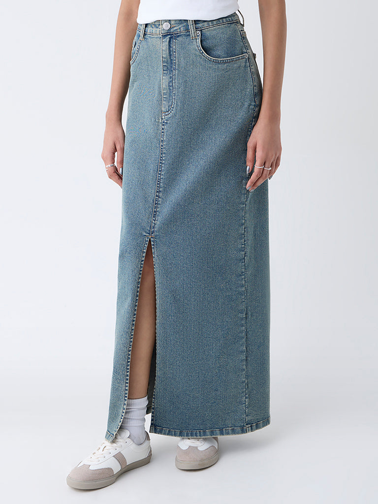 Nuon Blue Slit Detailed High-Rise Denim Skirt