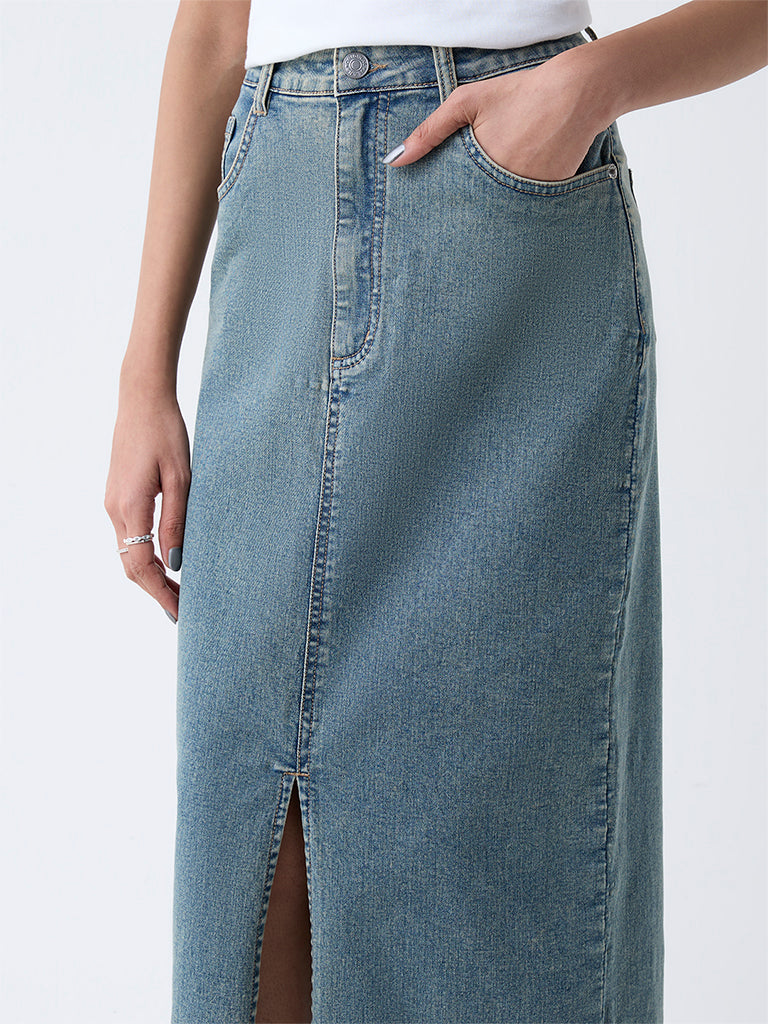 Nuon Blue Slit Detailed High-Rise Denim Skirt