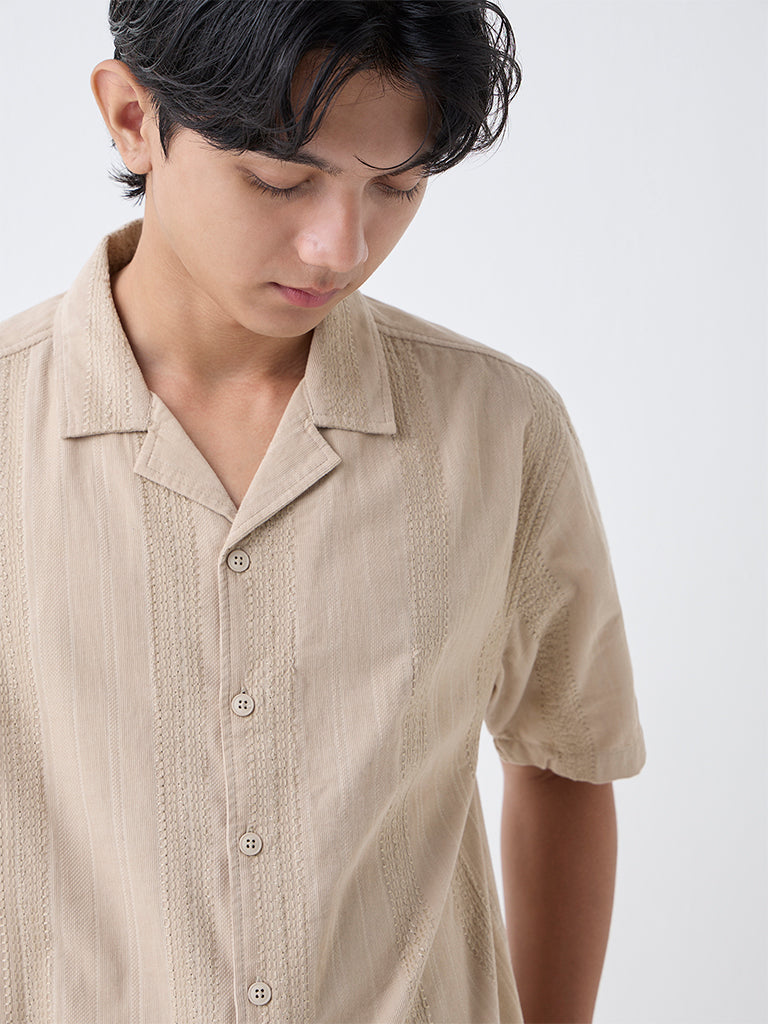 ETA Light Beige Embroidered Relaxed-Fit Cotton Shirt