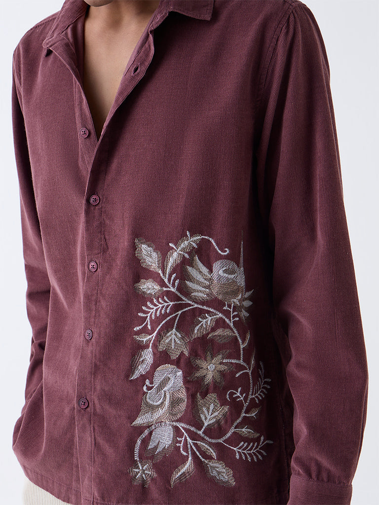 ETA Wine Embroidered Relaxed-Fit Corduroy Shirt