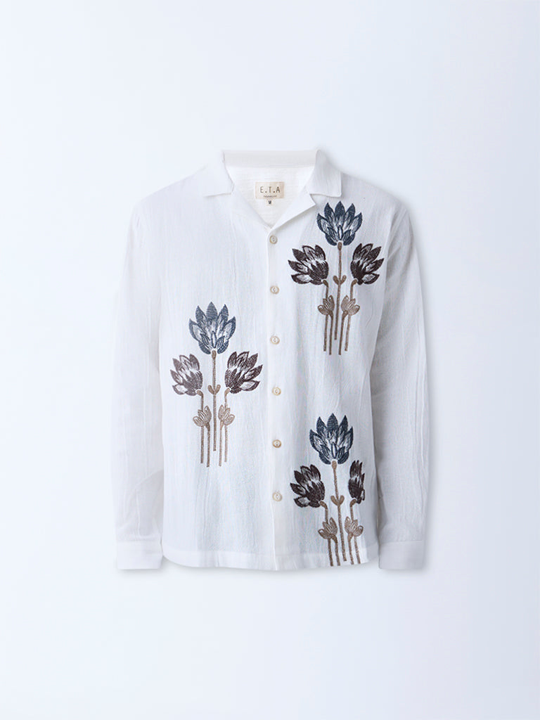 ETA White Floral Embroidered Relaxed-Fit Cotton Shirt
