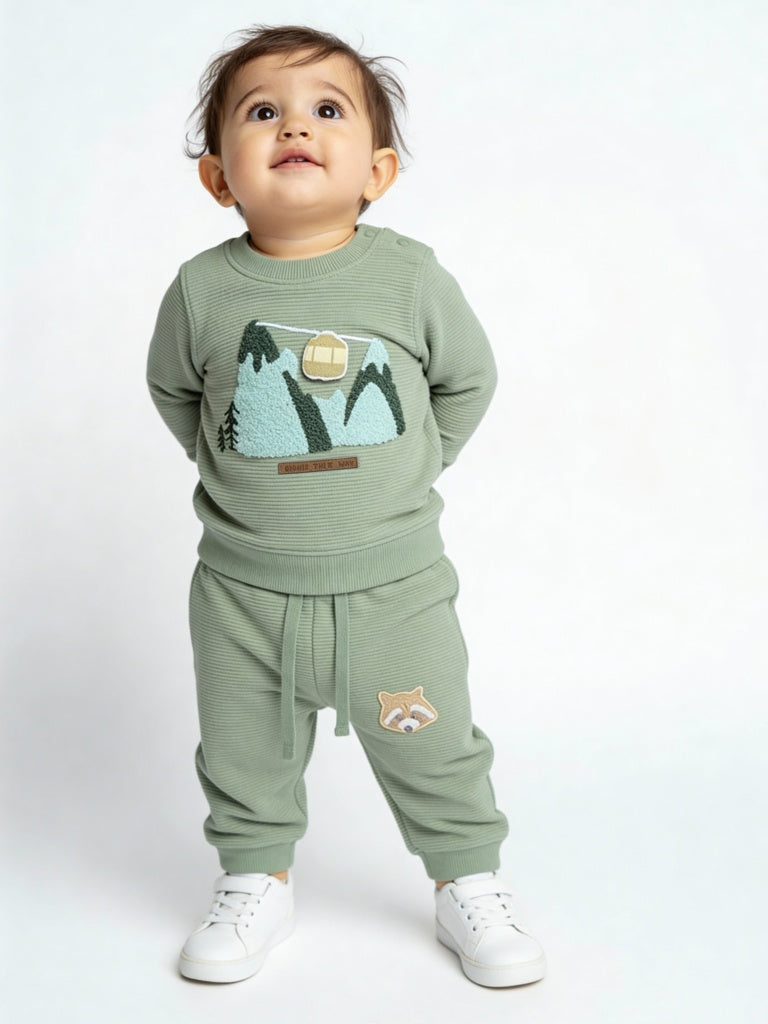 HOP Baby Boys Olive Cotton Sweatshirt with Joggers Set