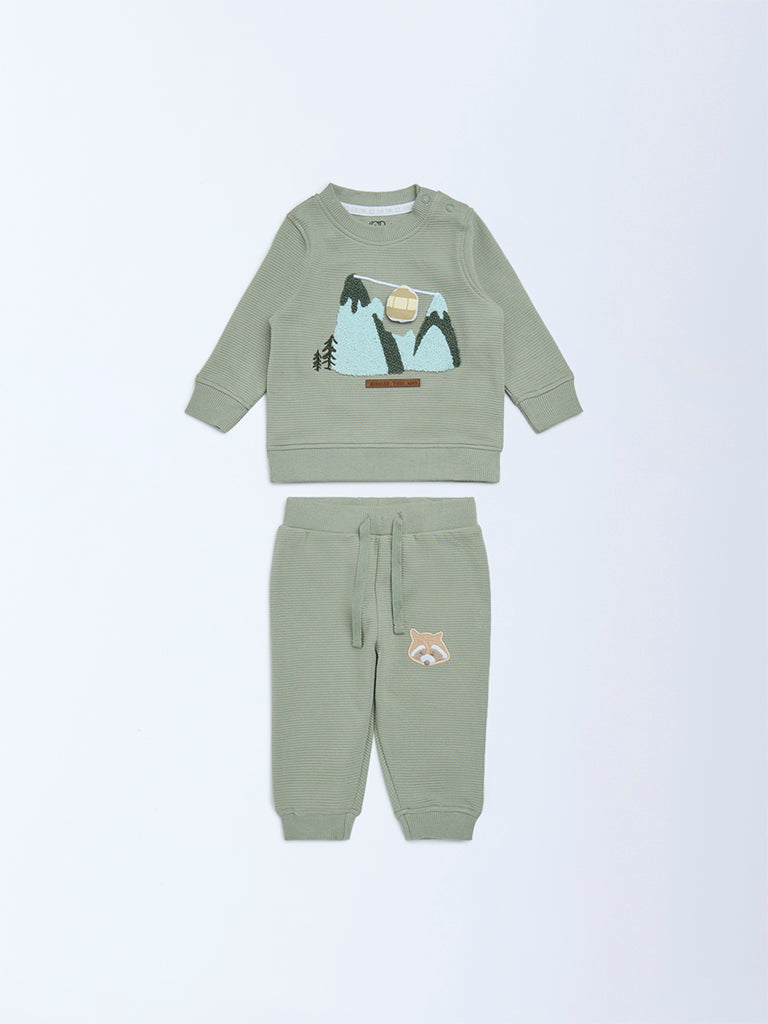 HOP Baby Olive Cotton Sweatshirt with Joggers Set