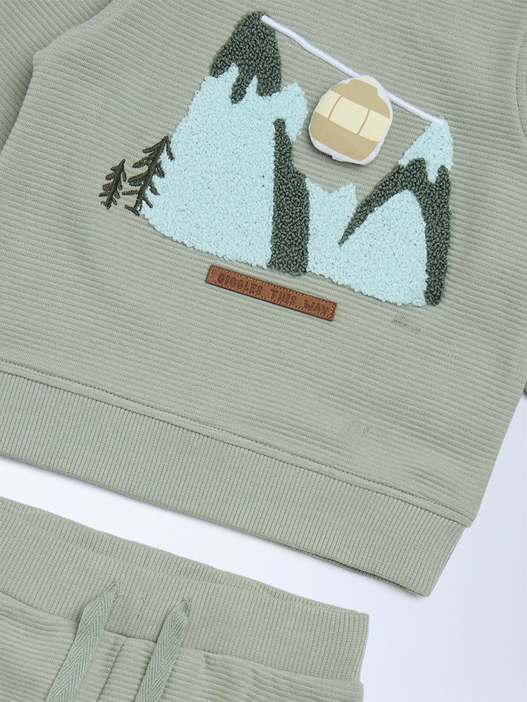 HOP Baby Olive Cotton Sweatshirt with Joggers Set