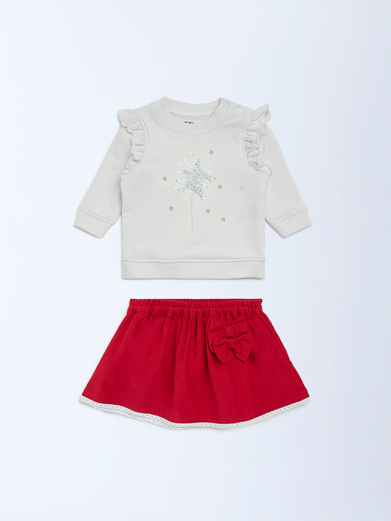 HOP Baby Off-White Embellished Cotton Sweatshirt with Skirt Set