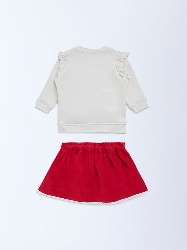 HOP Baby Off-White Embellished Cotton Sweatshirt with Skirt Set