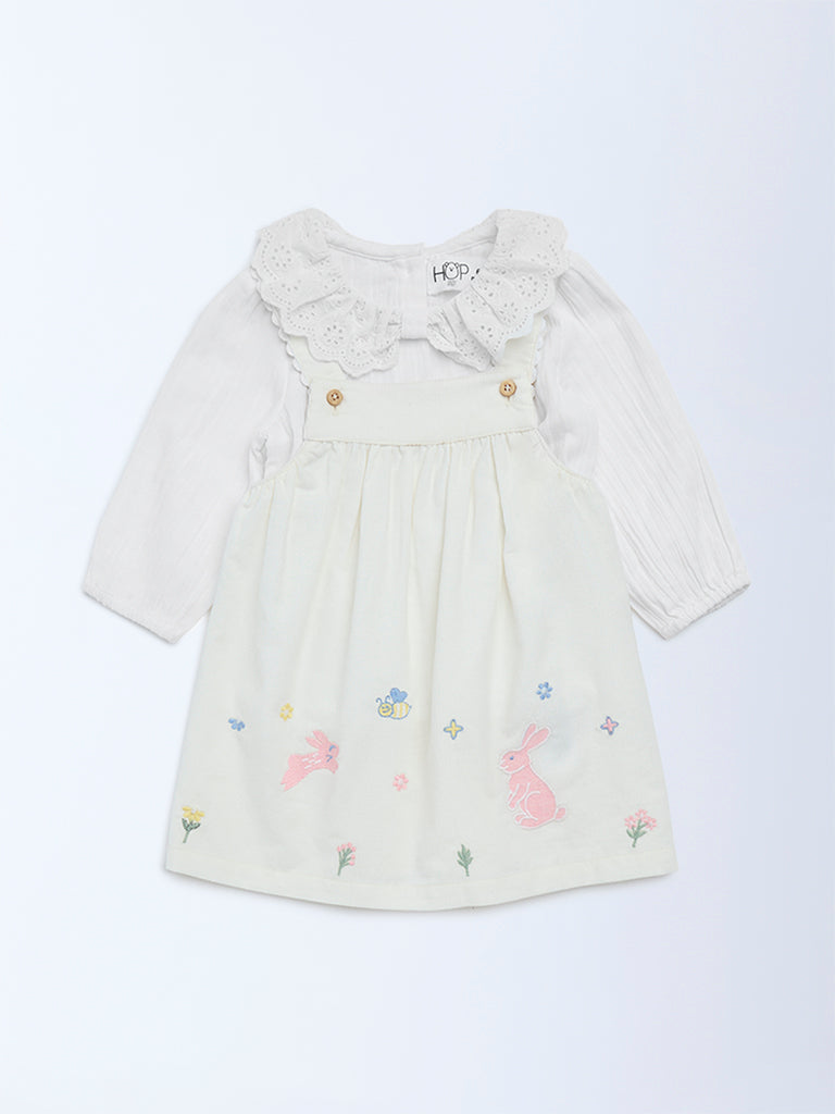 HOP Baby Girls White Embroidered Cotton Pinafore and Top Set