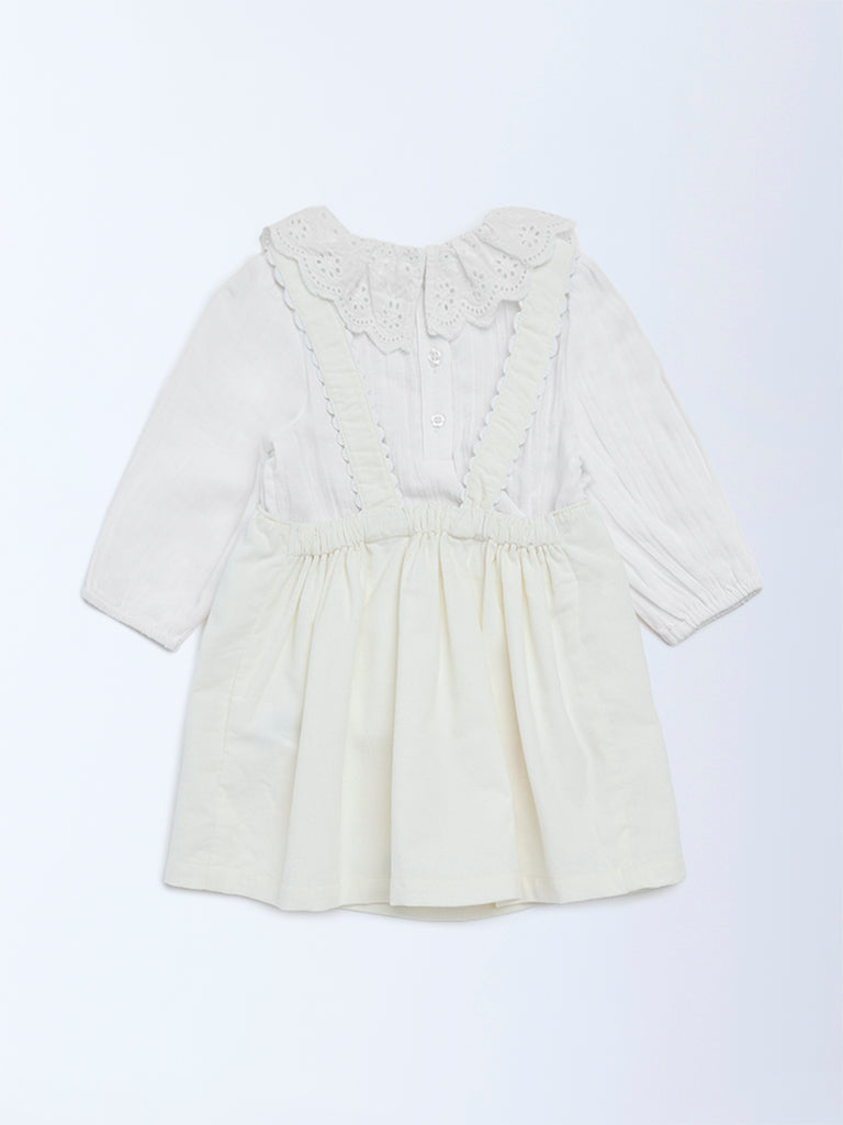 HOP Baby Girls White Embroidered Cotton Pinafore and Top Set