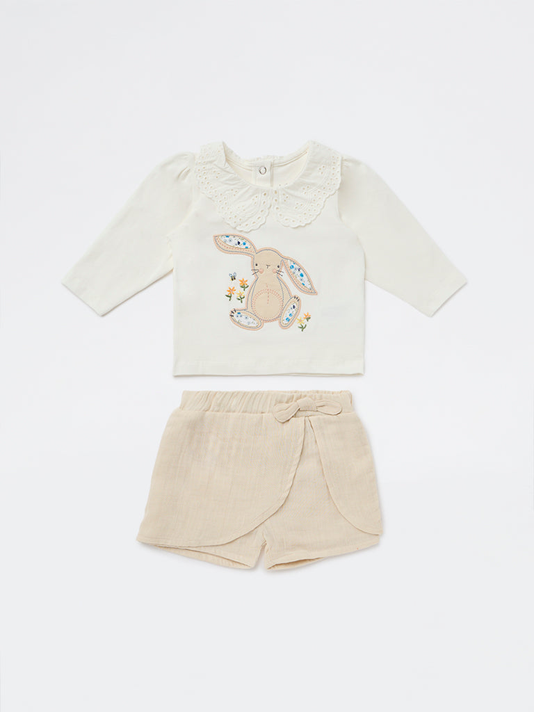 HOP Baby Girls Off-White Cotton-Blend Top with Shorts Set