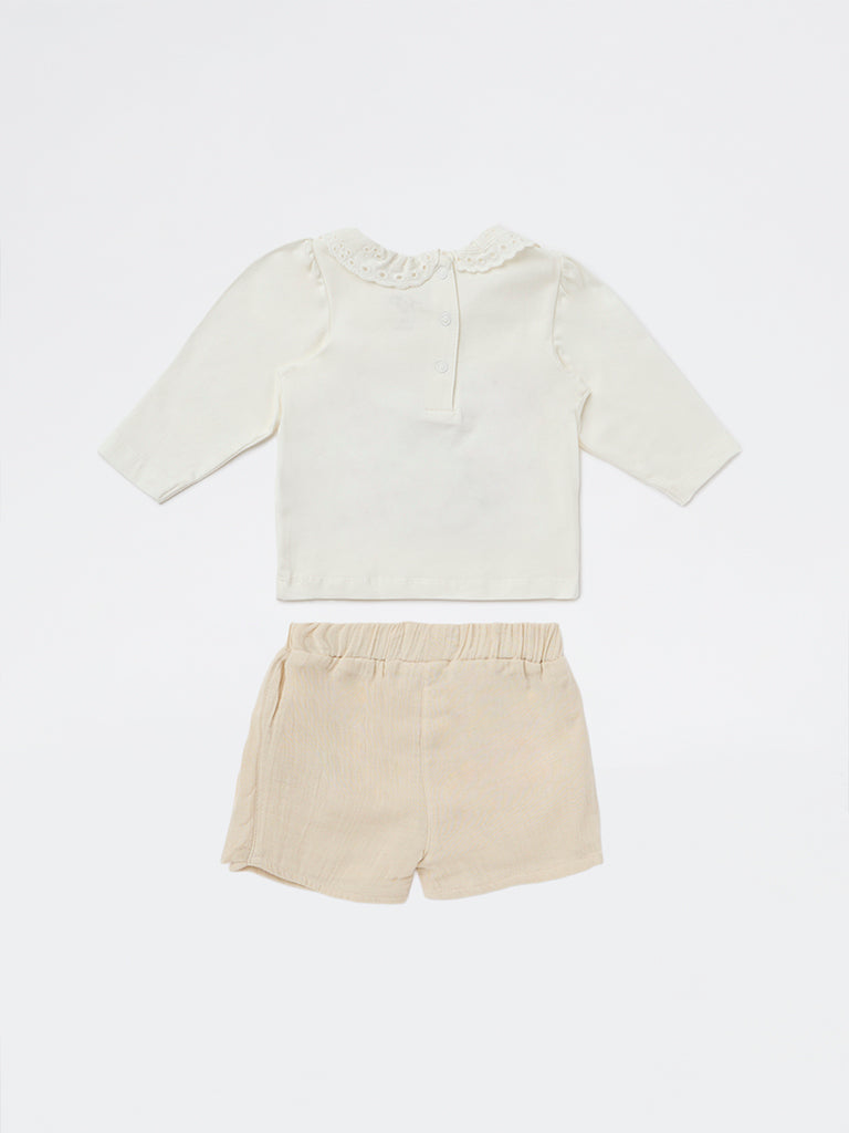 HOP Baby Girls Off-White Cotton-Blend Top with Shorts Set