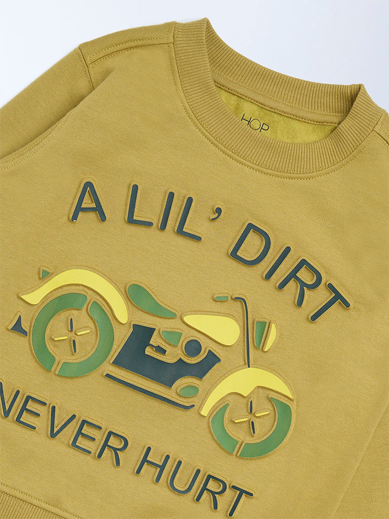 HOP Kids Boys Olive Text Embossed Cotton-Blend Sweatshirt
