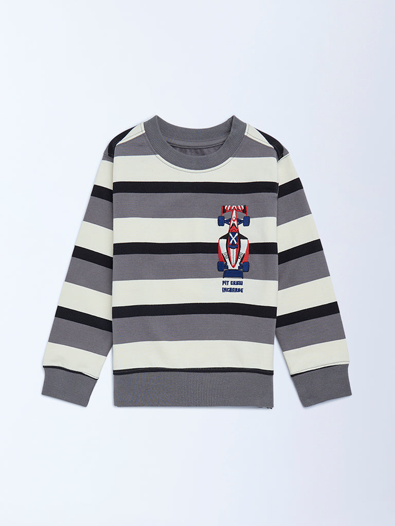HOP Kids Boys Grey Striped Cotton Sweatshirt