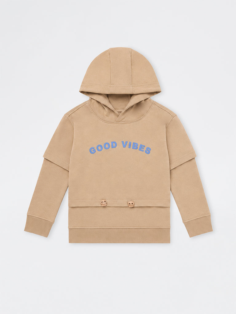 HOP Kids Boys Taupe Text Embossed Cotton-Blend Sweatshirt
