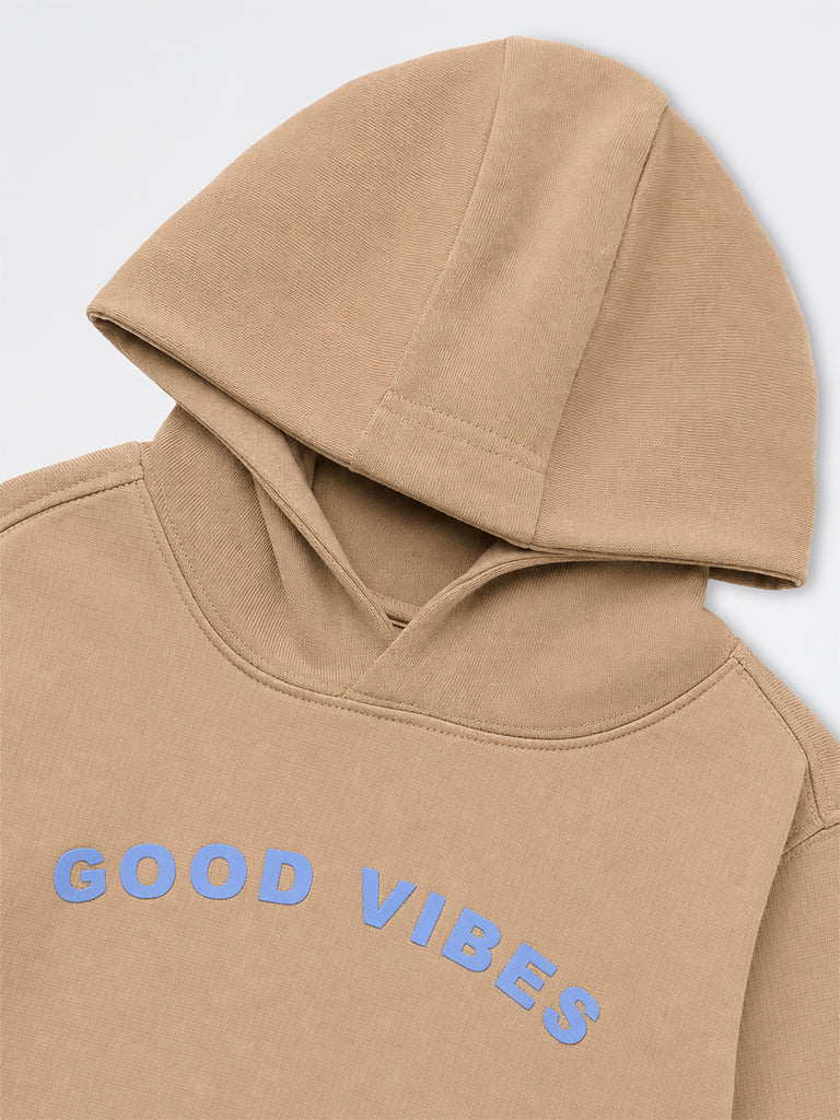 HOP Kids Boys Taupe Text Embossed Cotton-Blend Sweatshirt