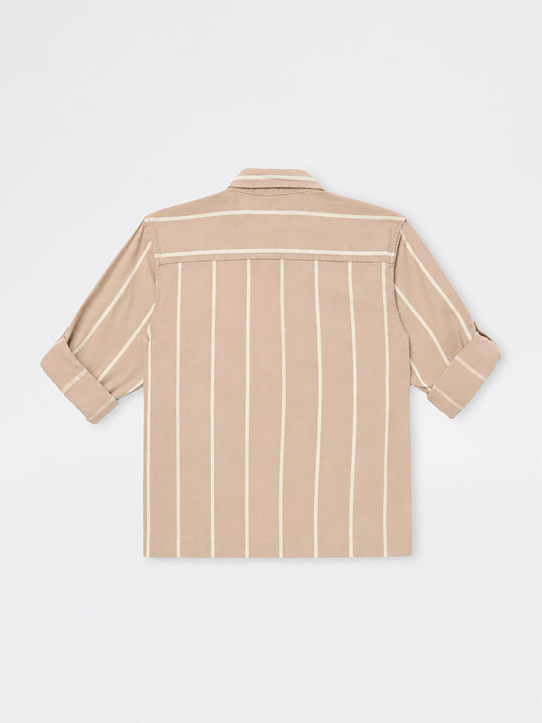 HOP Kids Boys Taupe Striped Cotton Shirt