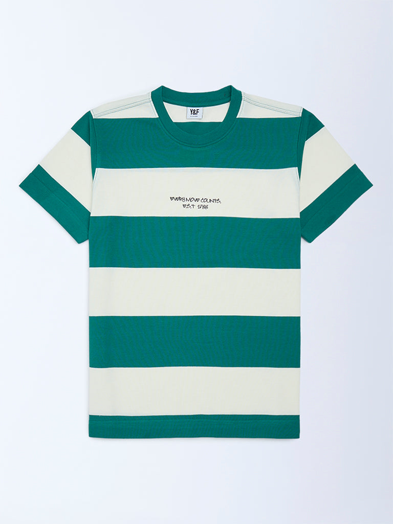 Boys Green Striped Cotton-Blend T-Shirt