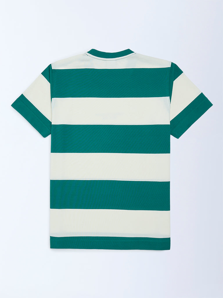Boys Green Striped Cotton-Blend T-Shirt