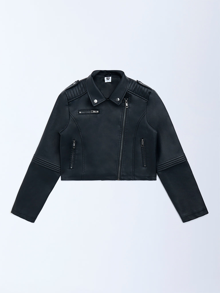 Y&F Kids Boys Black Faux-Leather Jacket