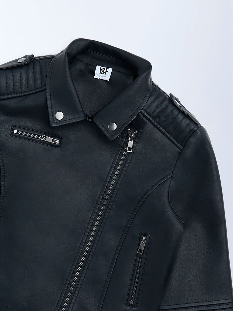 Y&F Kids Boys Black Faux-Leather Jacket