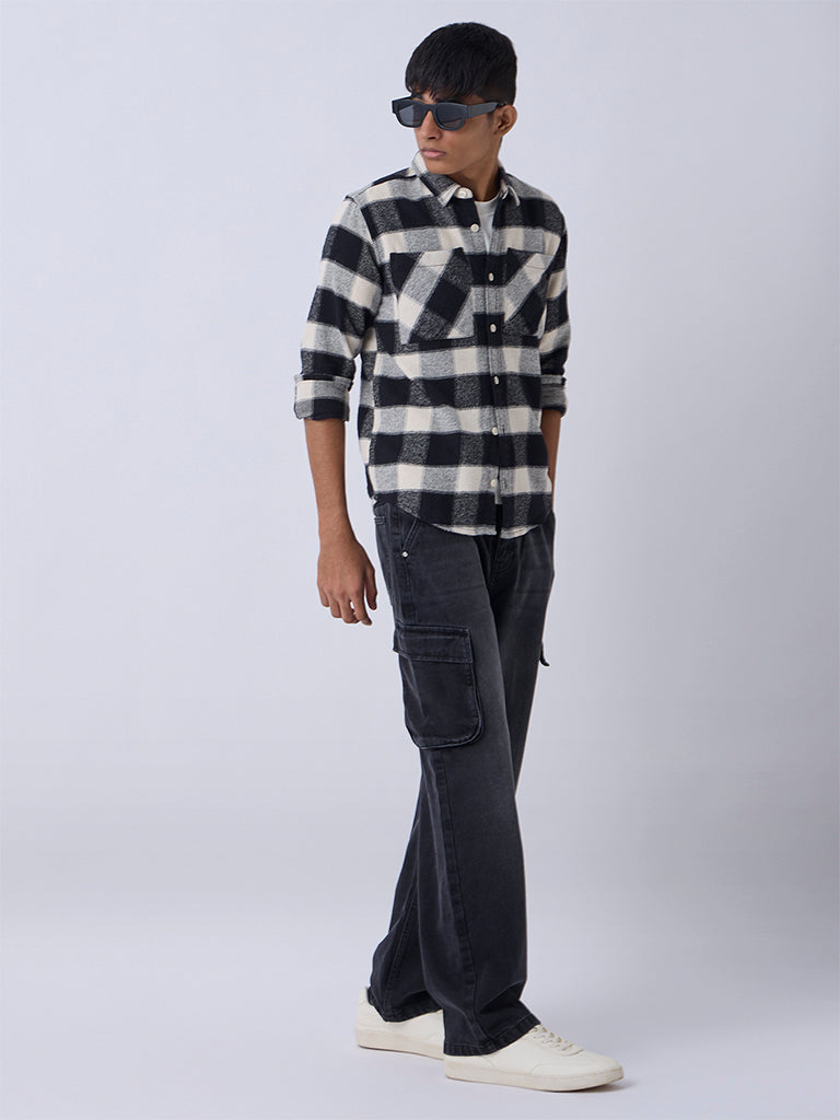 Boys Black Flannel Checkered Cotton Shirt