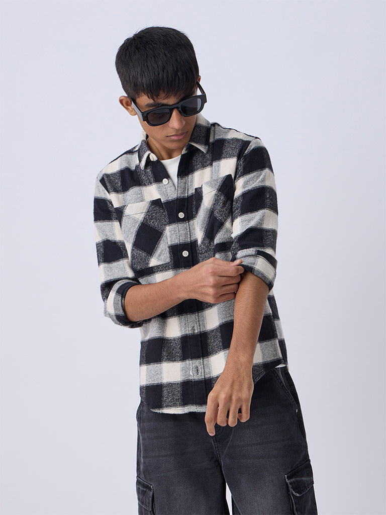 Boys Black Flannel Checkered Cotton Shirt