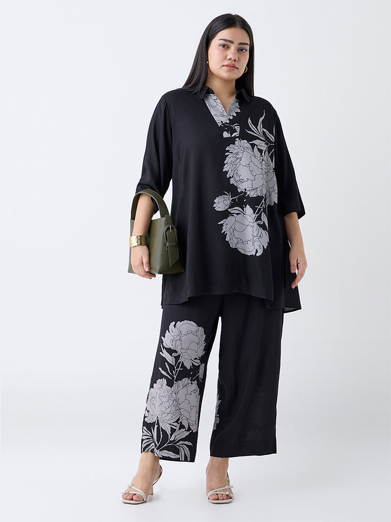 Diza Black Floral Design Ethnic Pants