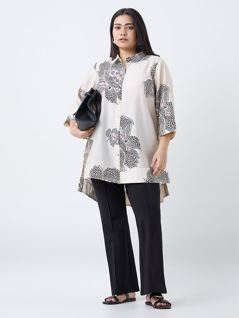 Diza Cream Floral Printed High-Low Tunic